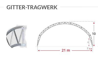Shelterall Gitter-Tragwerk mit 21 Meter Spannweite und Gibelh&ouml;he 10 Meter